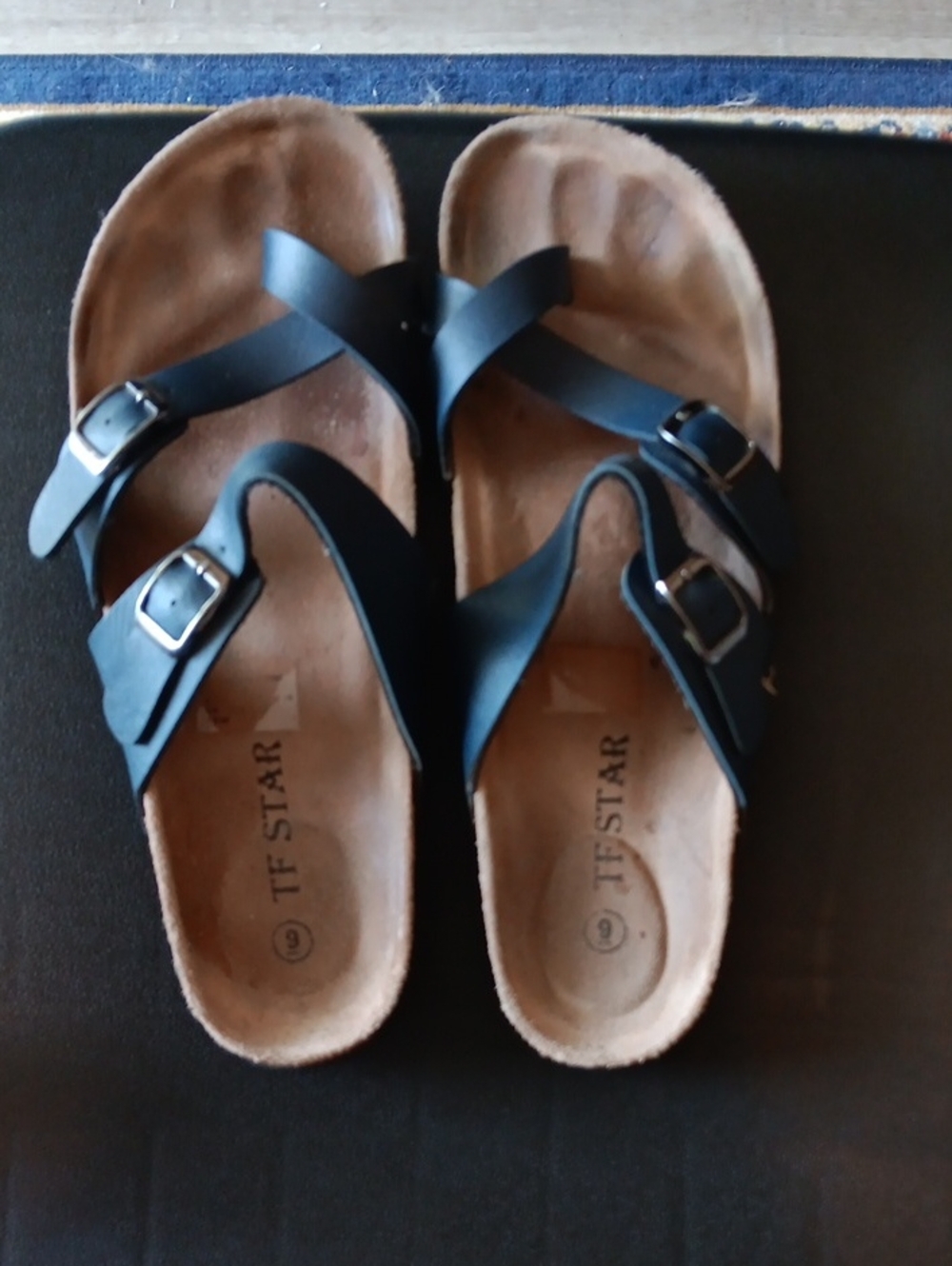Women's Navy Blue Buckle Leather Footbed Sandals Size 9